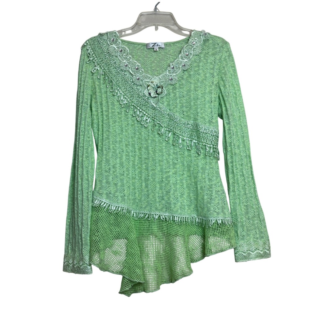 y2k Zeeba Knit Top Womens Medium Green Lace Fairycore Baby‎ Doll Hem V-Neck Boho